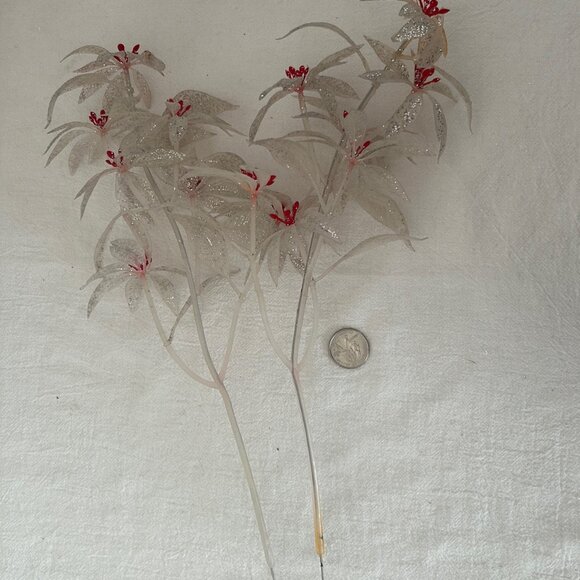 VINTAGE Set 2 Plastic Glittered White Poinsettia Flower Picks - Picture 7 of 10